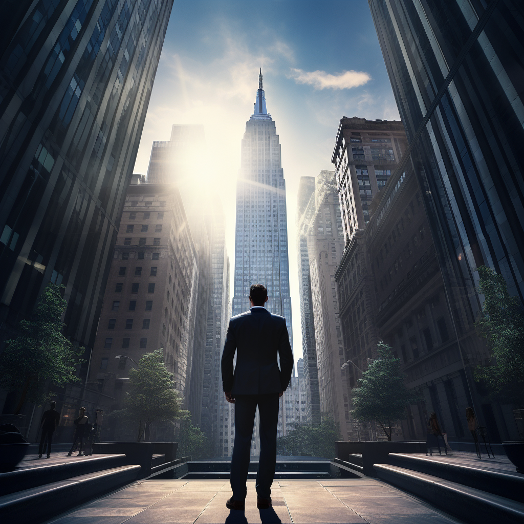 Man in suit admiring city skyscrapers