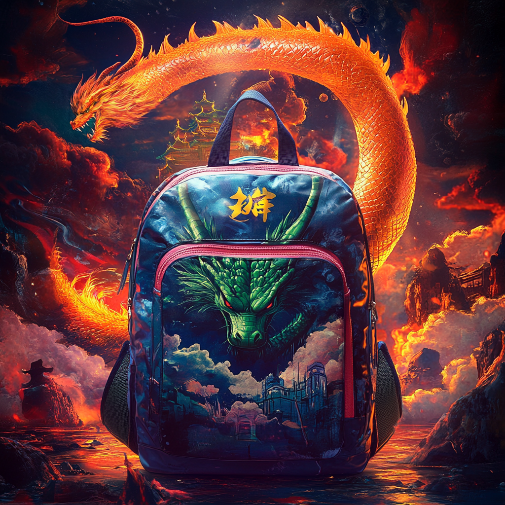 Backpack with Shenron in dynamic Dragon Ball atmosphere.