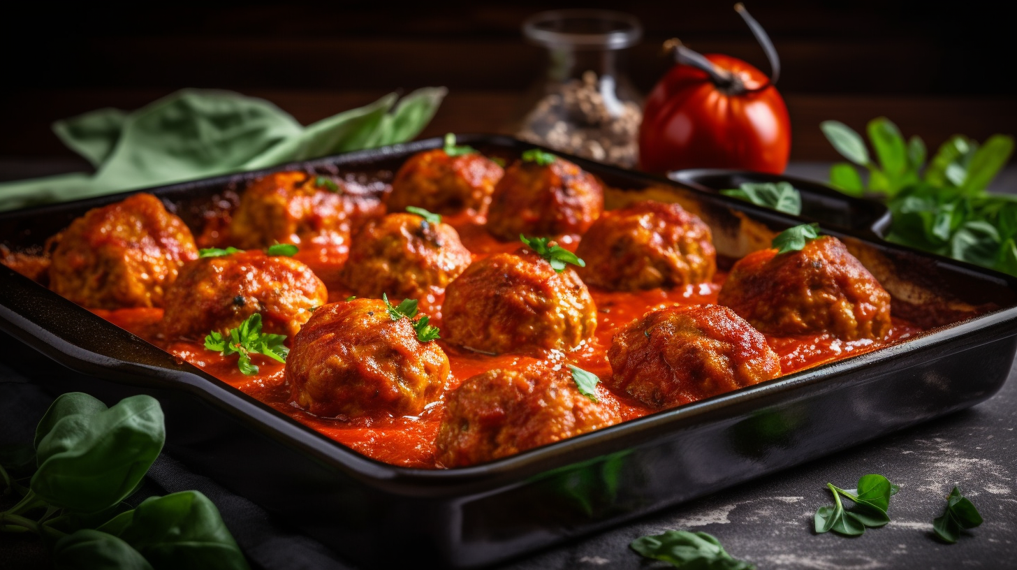 Baked chicken meatballs in tomato sauce on baking sheet.