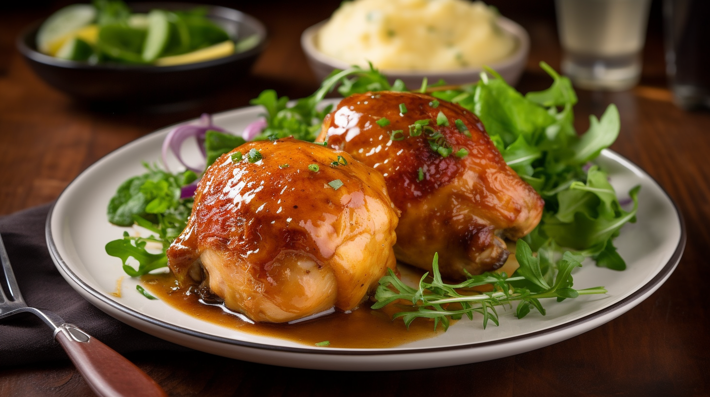 Baked honey garlic chicken thighs with salad, potatoes. Bright kitchen.