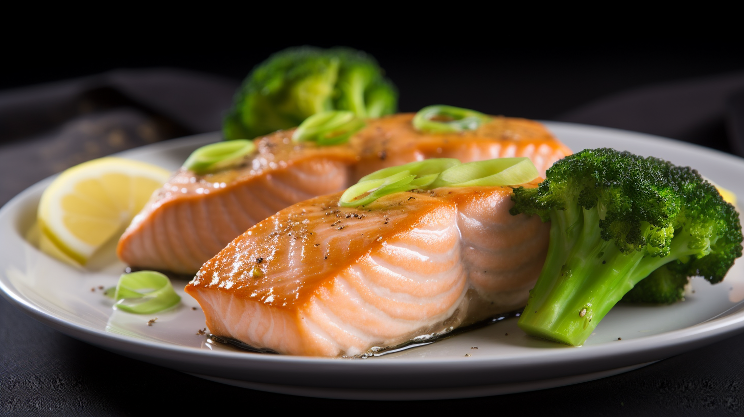 Baked salmon fillets with tender broccoli on modern plate