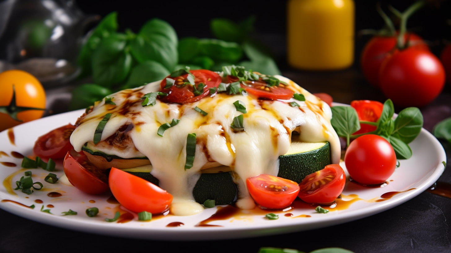 Baked zucchini and tomatoes with melted mozzarella cheese.