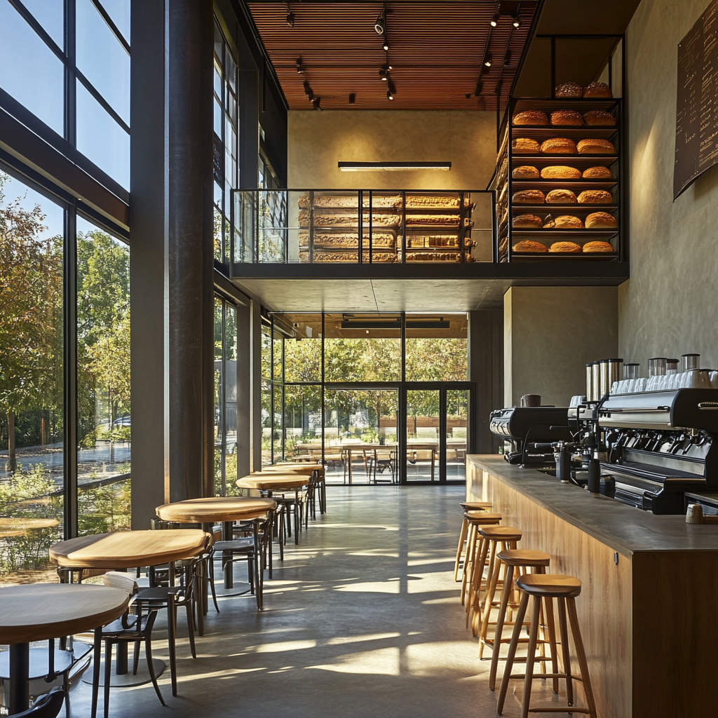 Bakery and cafe with glass walls, mezzanine workspace.