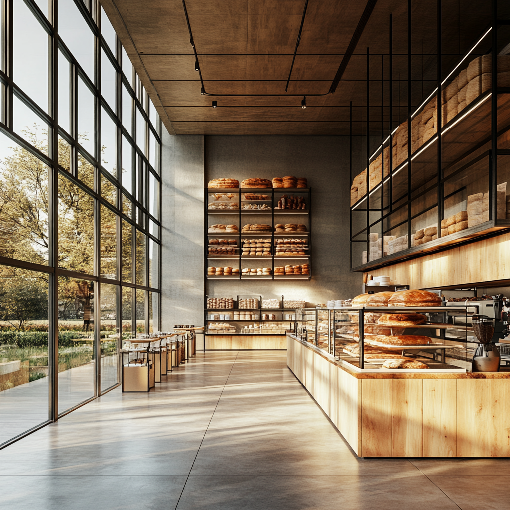 Bakery and cafe with glass walls, park view, roaster.