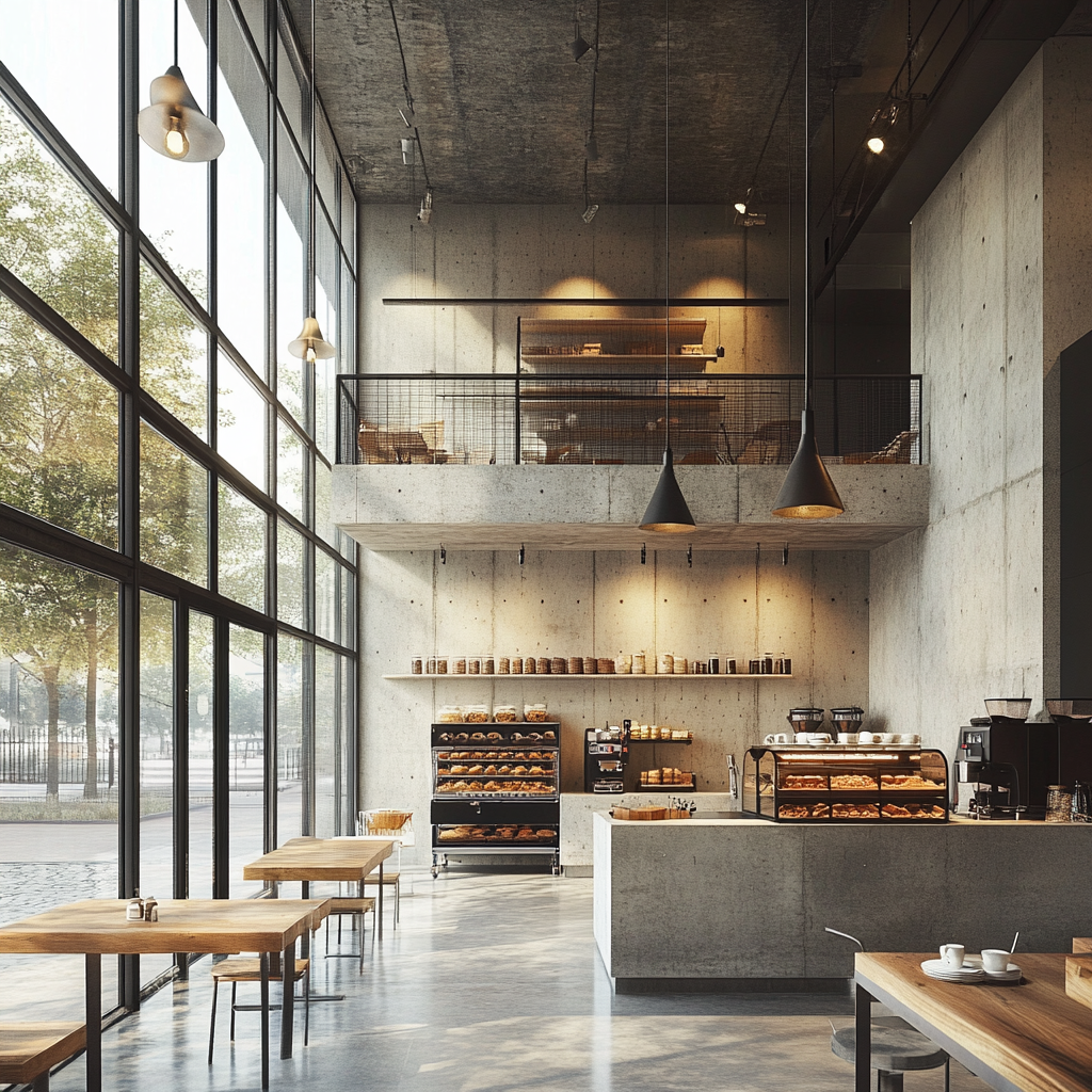 Bakery and cafe with glass walls, sunny park view.