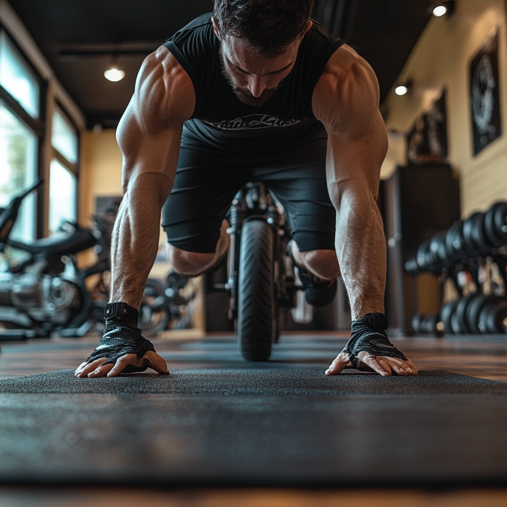 Balanced gym workout improving motorcycle riding skills effectively.