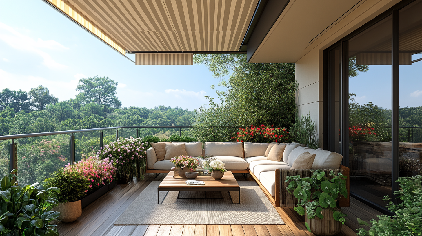 Balcony design with wooden flooring and flower pots.