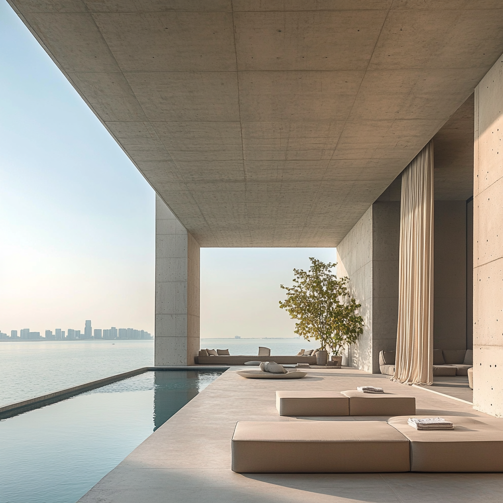 Balcony in UAE shaded by concrete roof, sunken lounge.