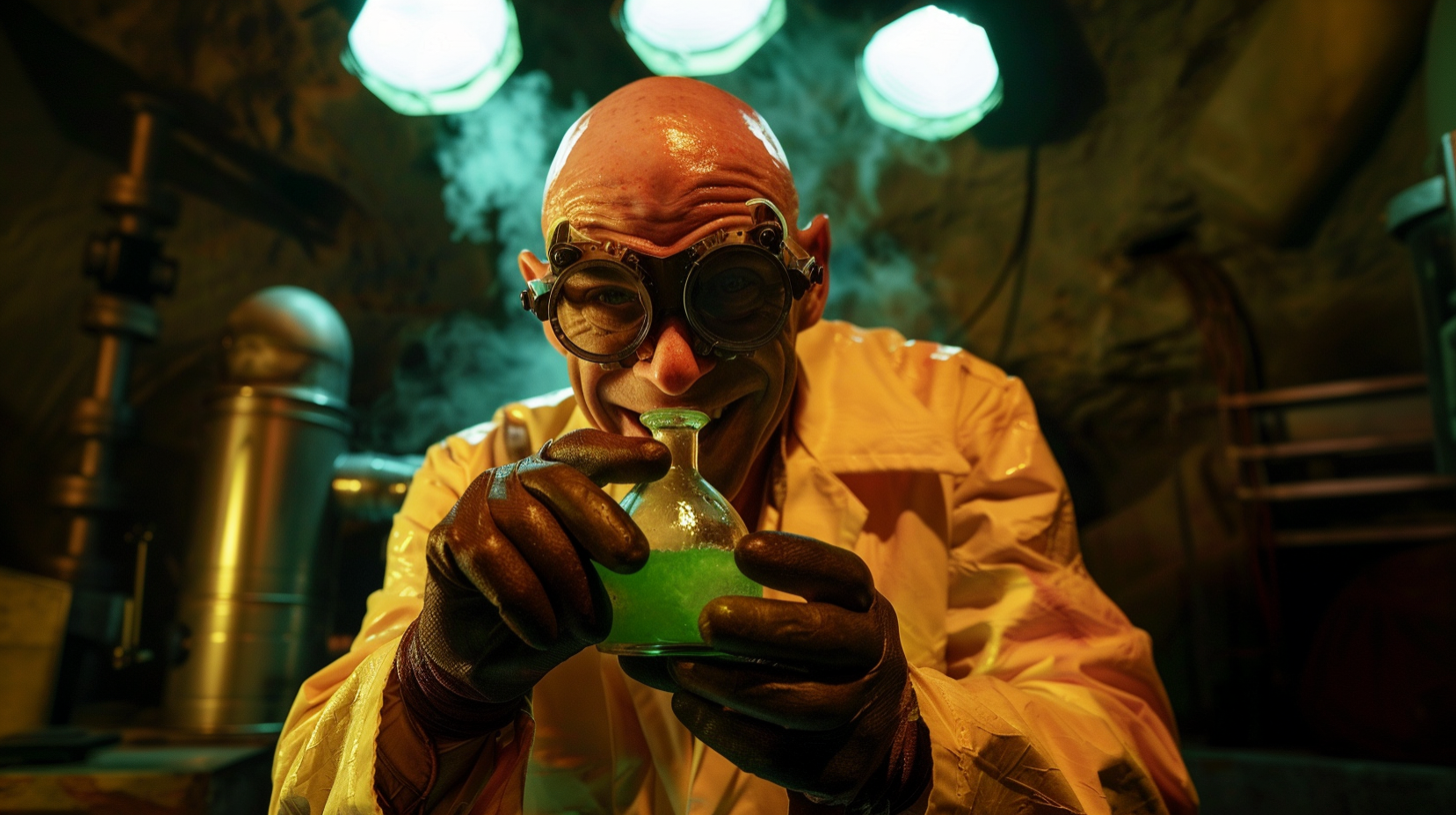 Bald Lex Luthor holding glowing green vial underground lab.