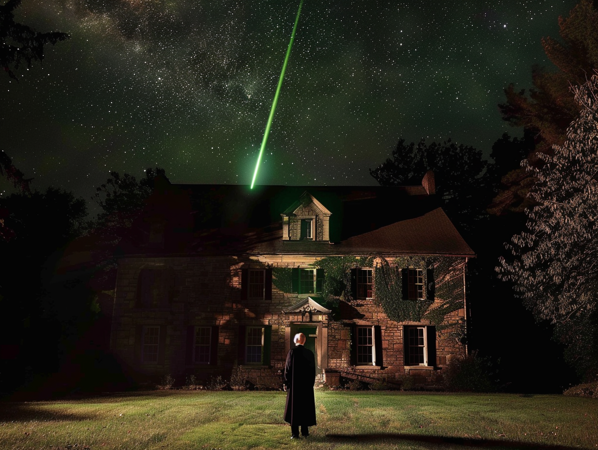 Bald Lex Luthor in yard looking at green meteor.