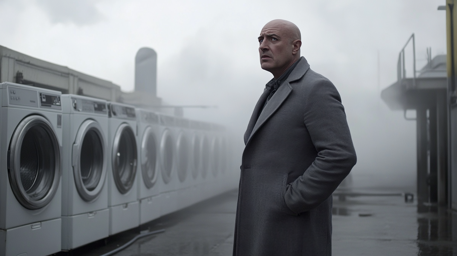 Bald Telly Savalas Surrounded by Washing Machines