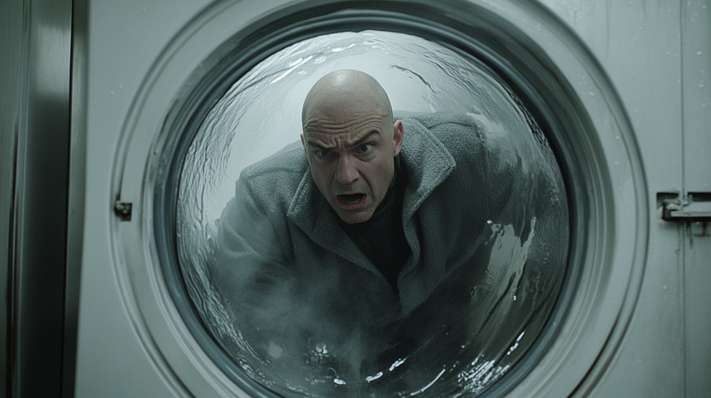 Bald Telly Savalas inside Spinning Washing Machine