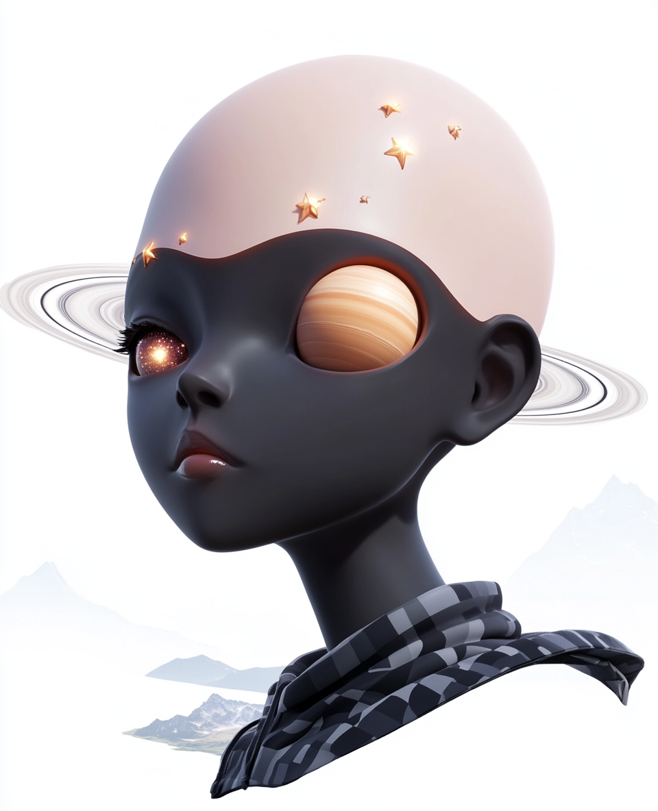 Bald black god with Saturn eyes in retro-futuristic landscape.