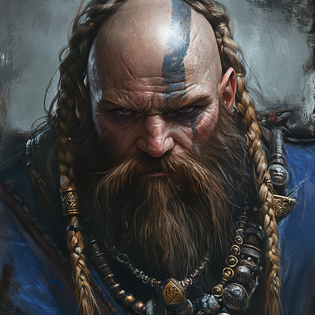 Bald dwarf in blue uniform with braided beard.