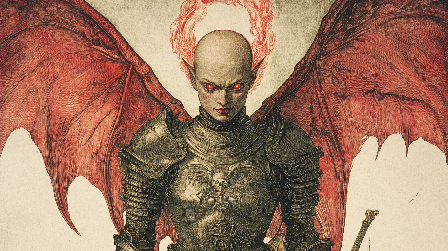 Bald female devil in armor with fiery halo.