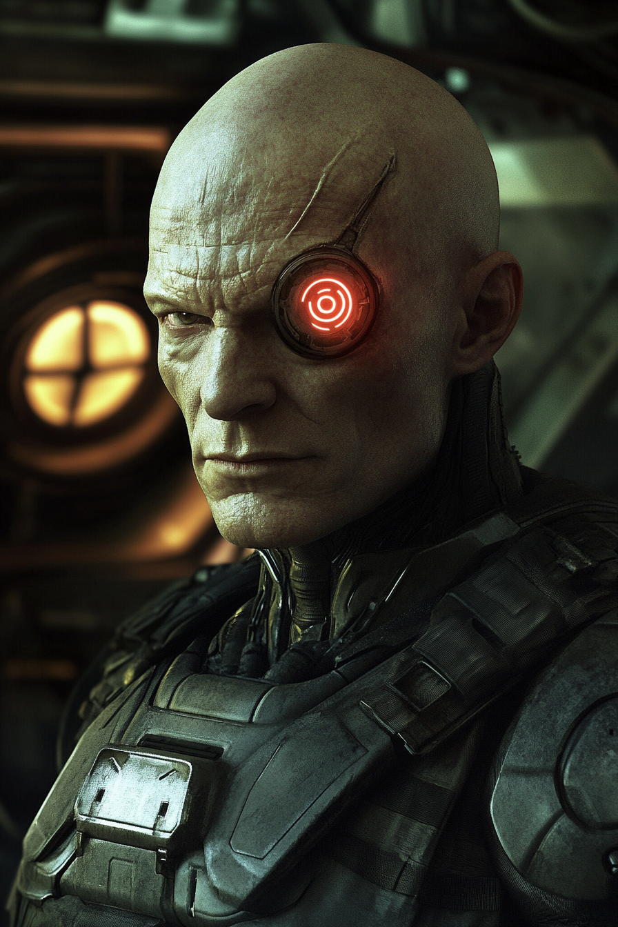 Bald futuristic man in combat armor with cybernetic eye. Sci-Fi portrait.