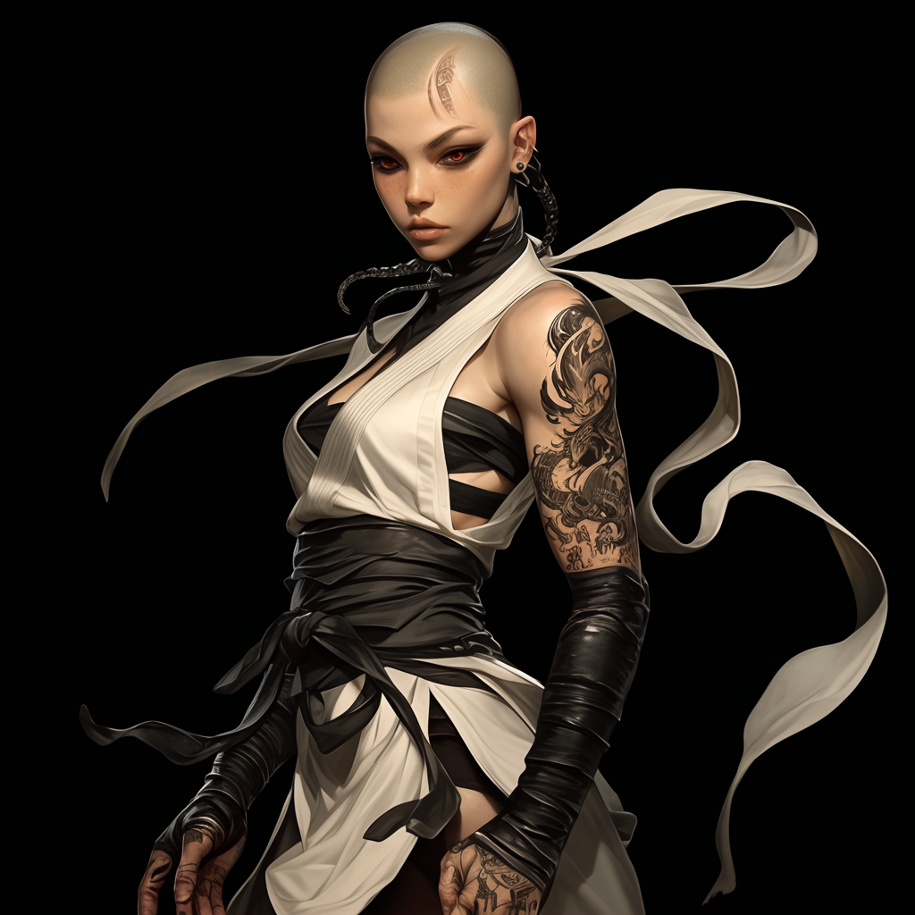 Bald gothic girl with ruby eye and tattoos fighting.