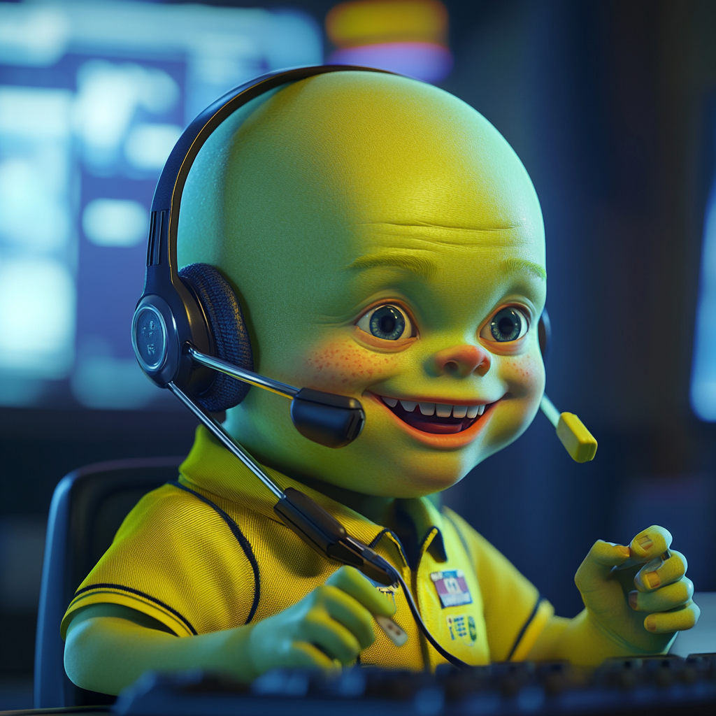 Bald green orc child working in Pixar-themed call center