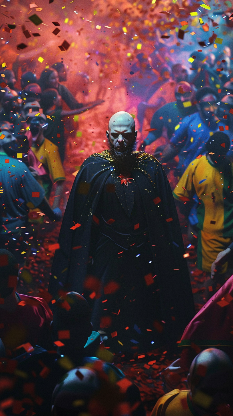 Bald man in black cape surrounded by Brazilian clowns.