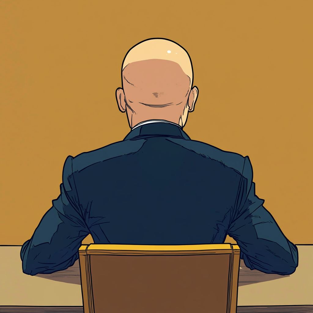 Bald man in blue suit sitting at fancy table.