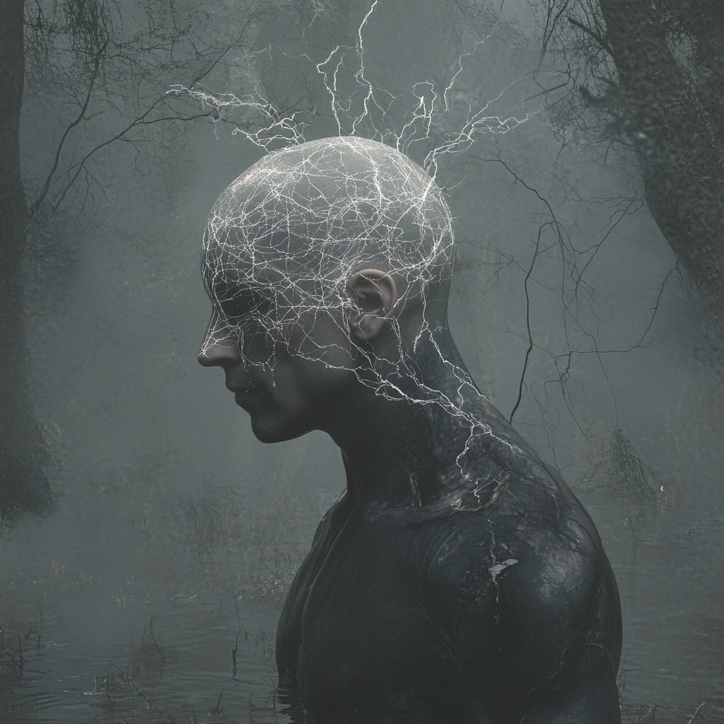 Bald man with energy flow network in forest