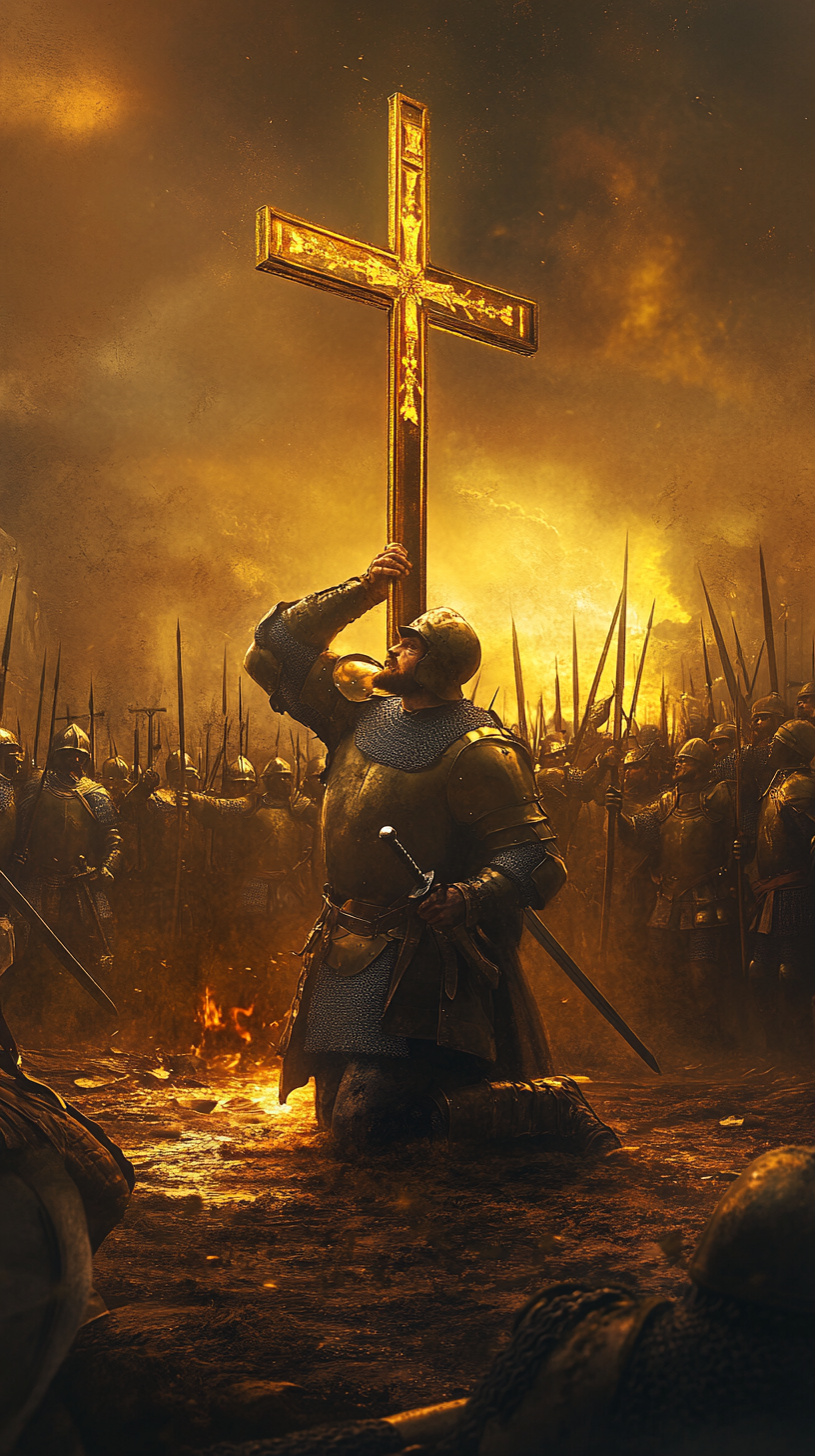 Baldwin IV holding true cross, golden glow, army behind.