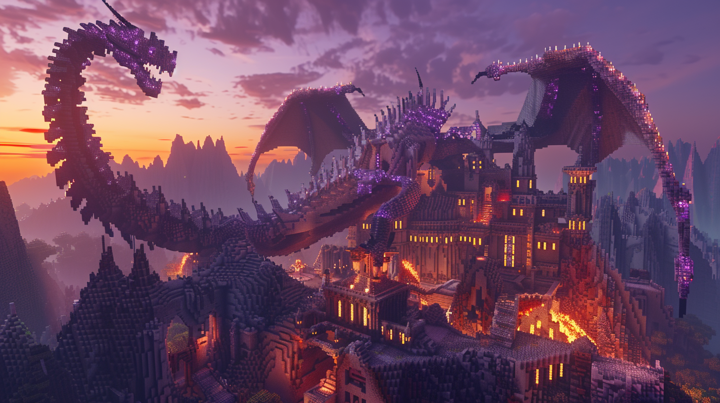 Balerion's skull in Minecraft with epic lighting and colors.