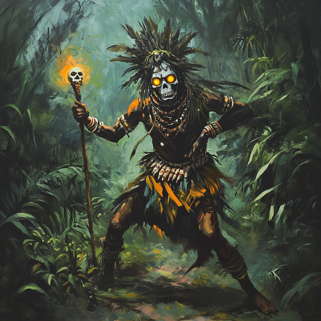 Bali witch doctor with skull staff, glowing eyes dancing.