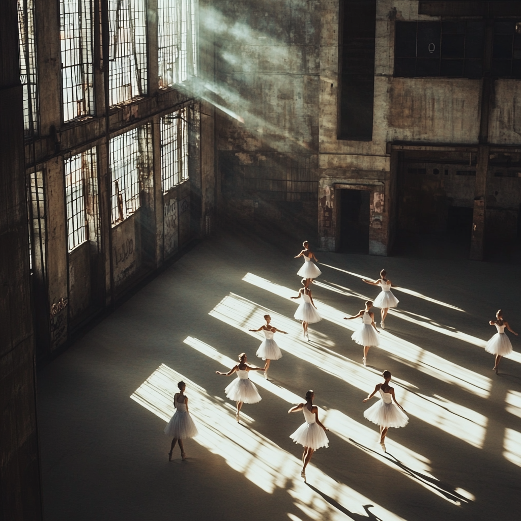 Ballerinas Dancing in Elegant White, Industrial Concrete Setting