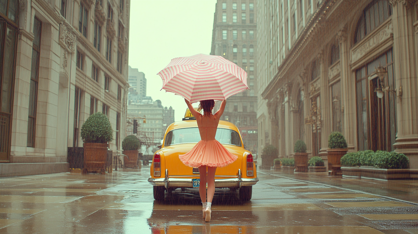 Ballet girl twirls in yellow taxi photoshoot.