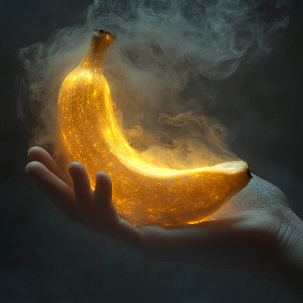 Banana in hand, skin peeled, emitting steam. Surrealistic.