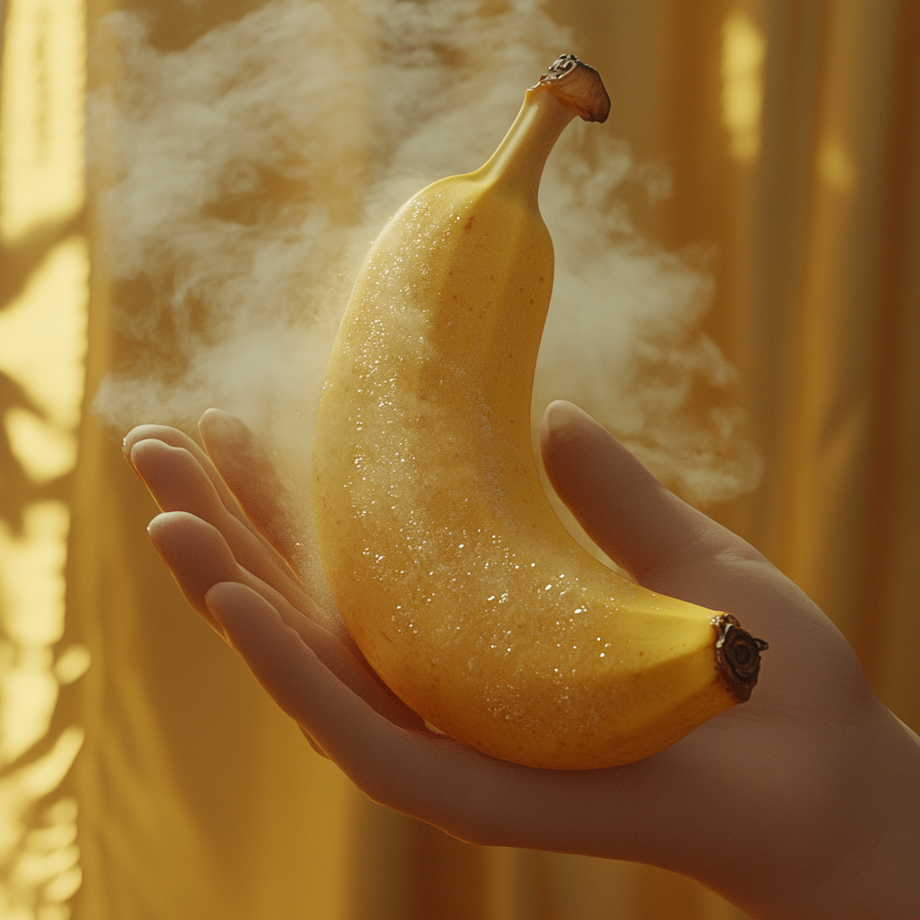 Banana in hand with half peeled skin.