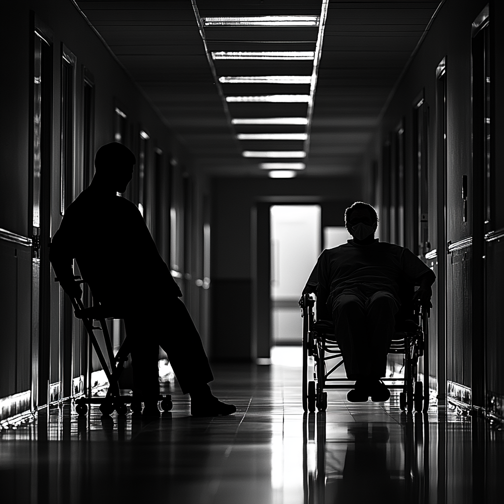 Bandit and man in wheelchair in hospital corridor spotlights.