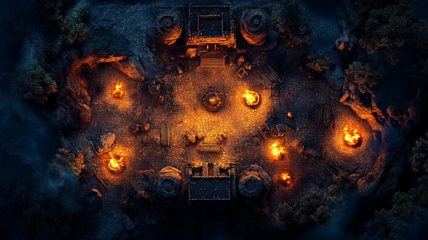 Bandit camp outside castle fort, lit by torches, huge.