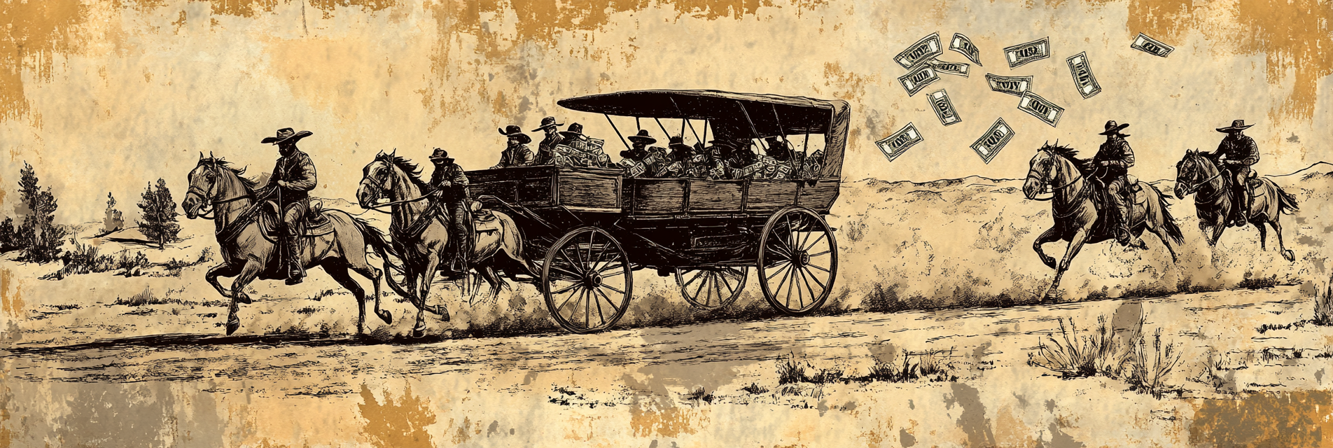 Bandits driving stagecoach full of cash through valley.