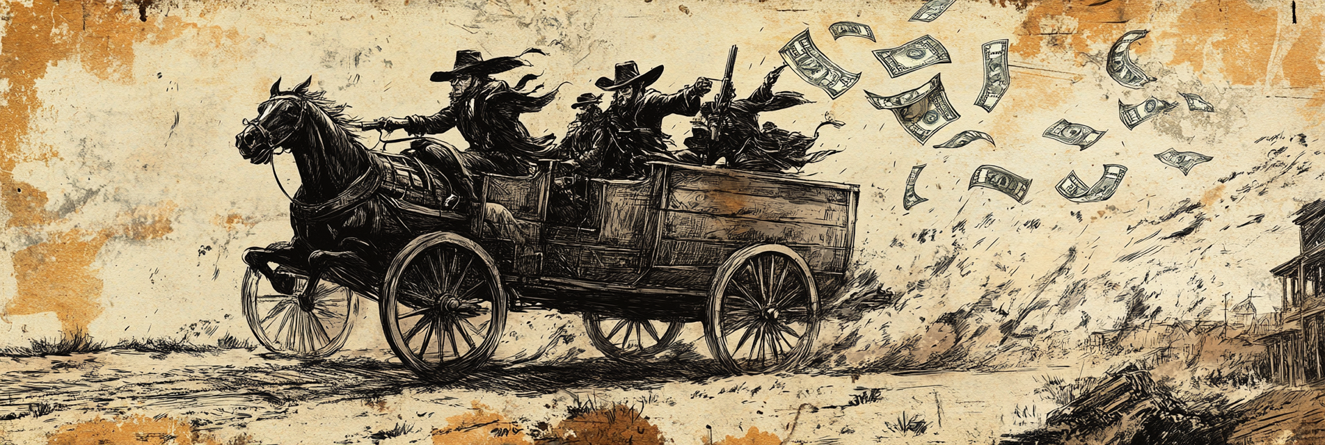 Bandits on stagecoach with money flying out.