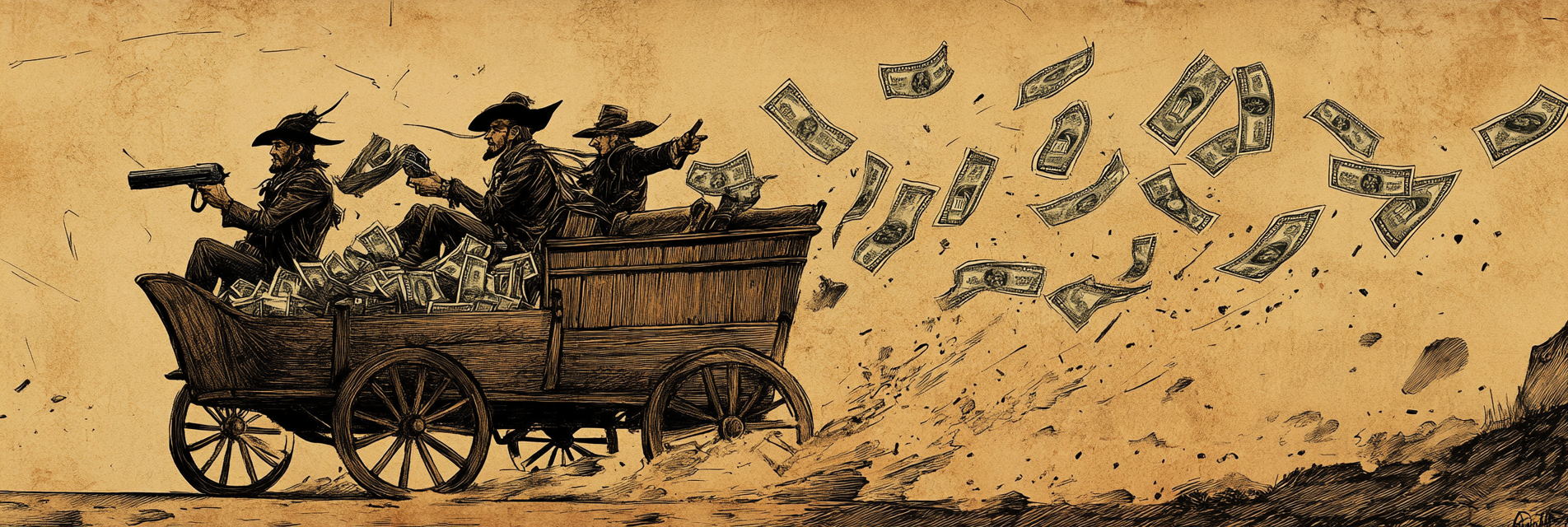 Bandits on wagon with cash, dollars flying behind.