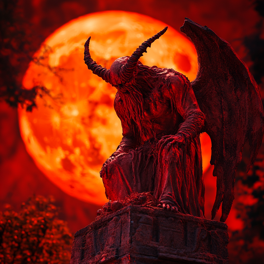 Baphomet Defending Against Evil Pumpkins in Cemetery