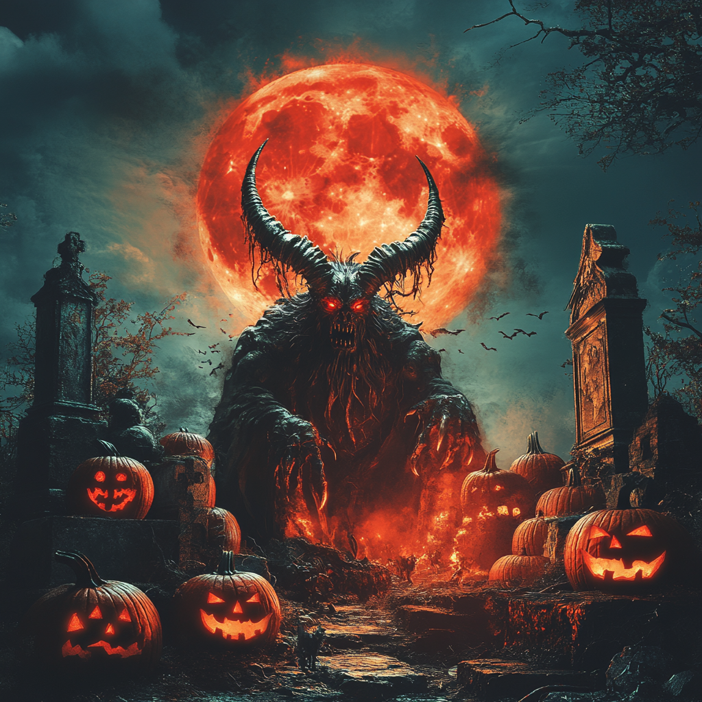 Baphomet fights scary pumpkins in spooky cemetery.