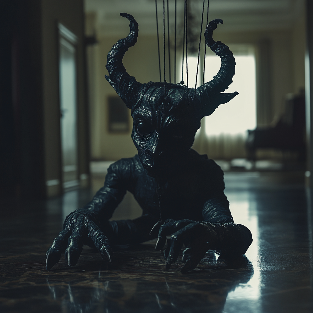 Baphomet marionette puppet lies limp in dark mansion.