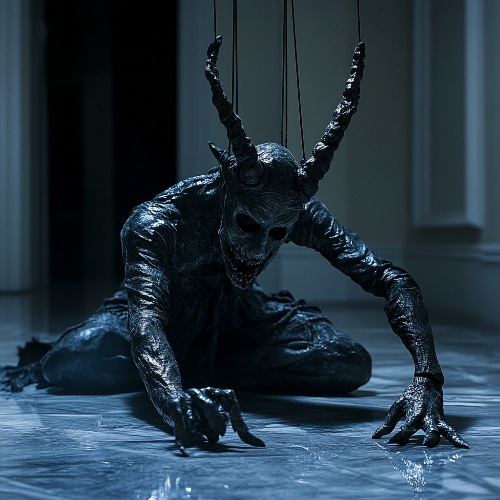 Baphomet puppet lies limp in dark mansion, spotlight dramatic.