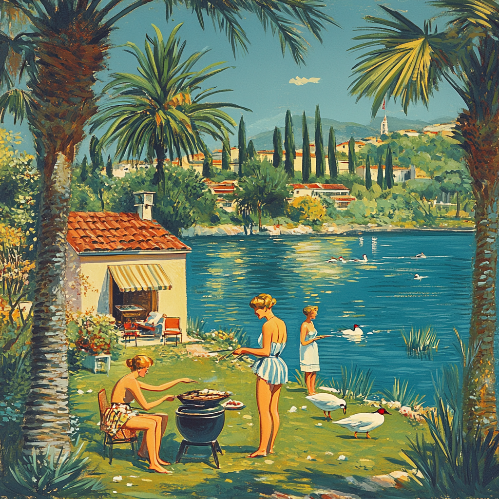 Barbecue by wooden chalet with ducks, retro art style