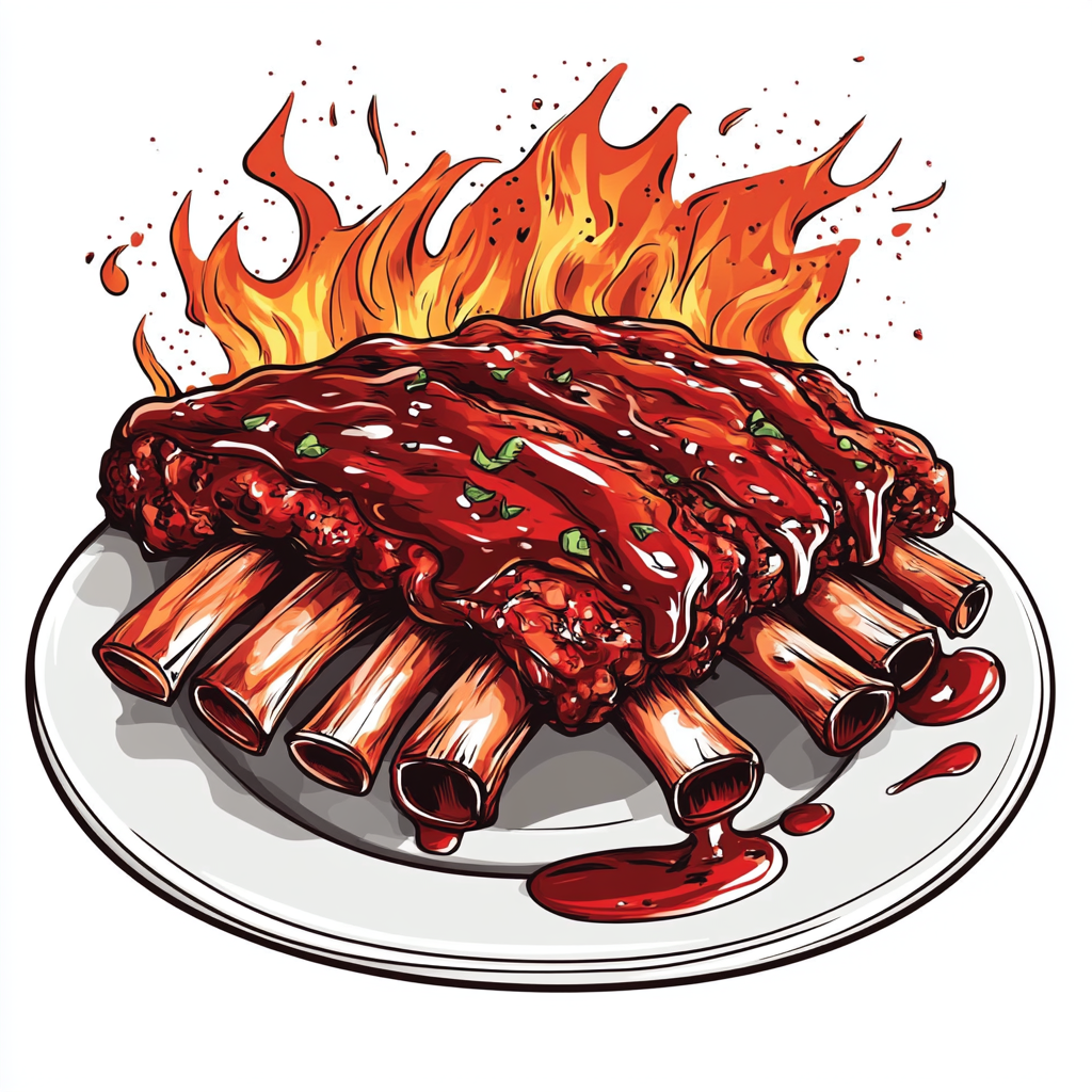 Barbecue ribs logo with sauce, fire, and grill tools.