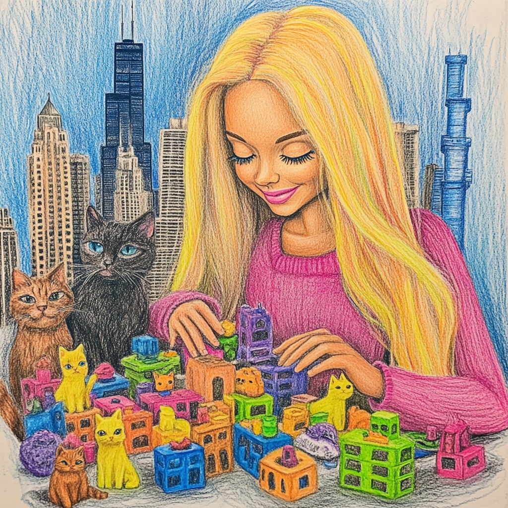 Barbie making Chicago with playdoh, watched by 100 cats.