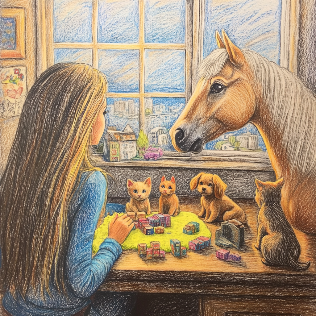 Barbie playing with playdoh surrounded by pets and horse.