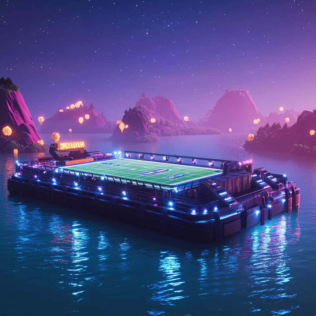 Barge with football field, lights, stars, Mississippi River.