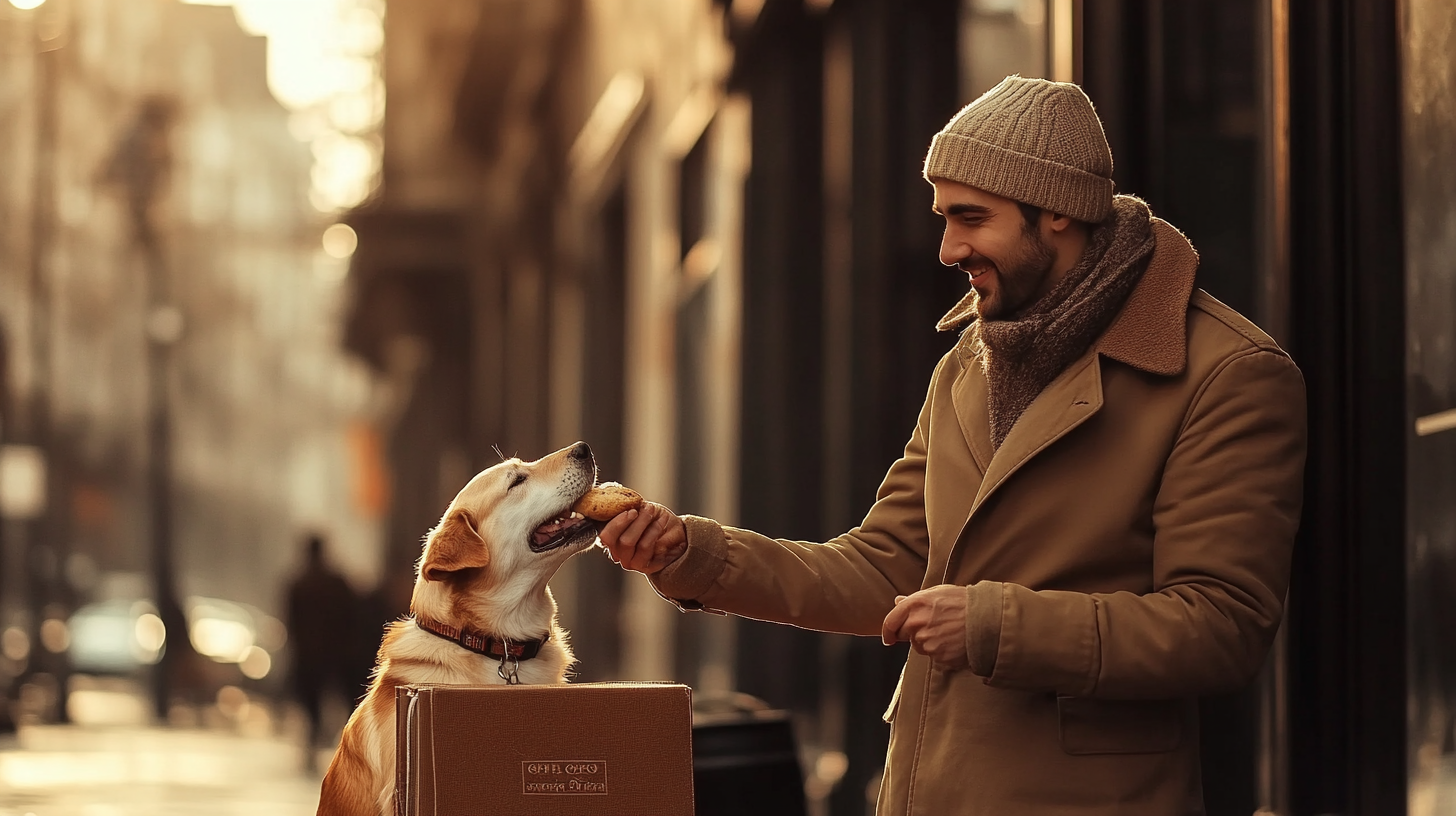 Barista gives a piece of bread to dog.