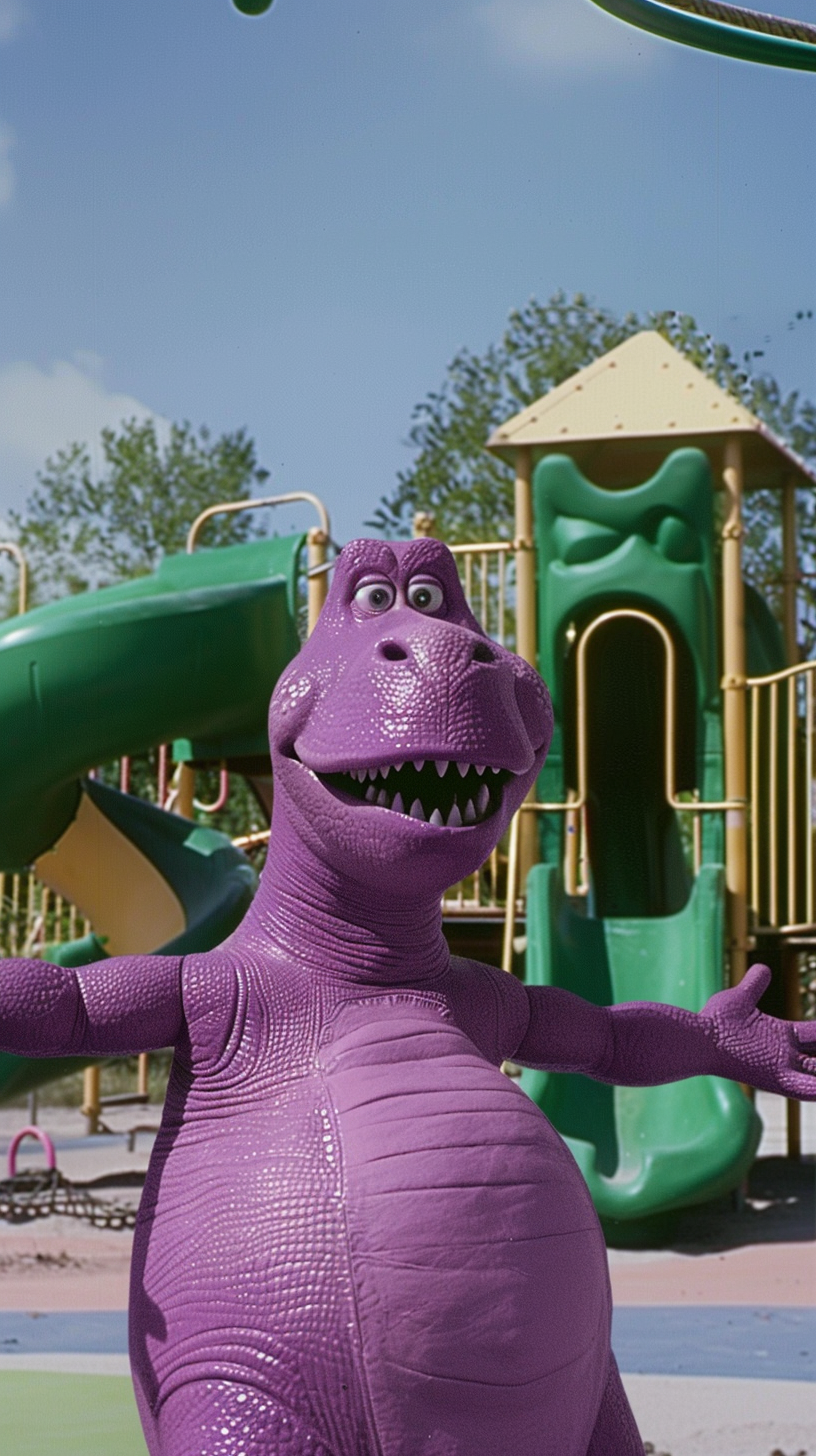 Barney the Dinosaur in Retro Playground Scene