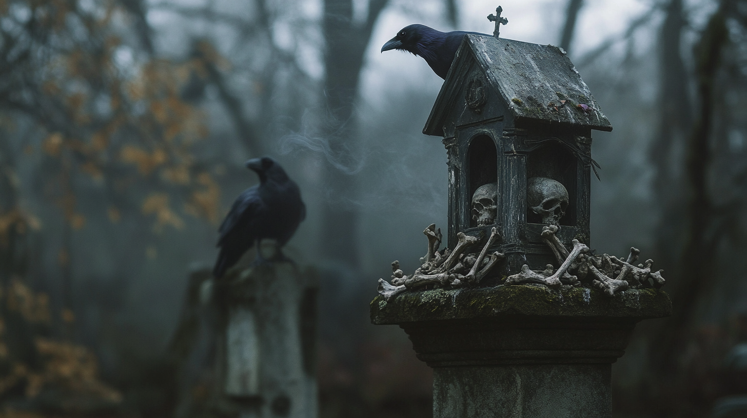 Baroque French Gothic birdhouse with raven, moody atmosphere.