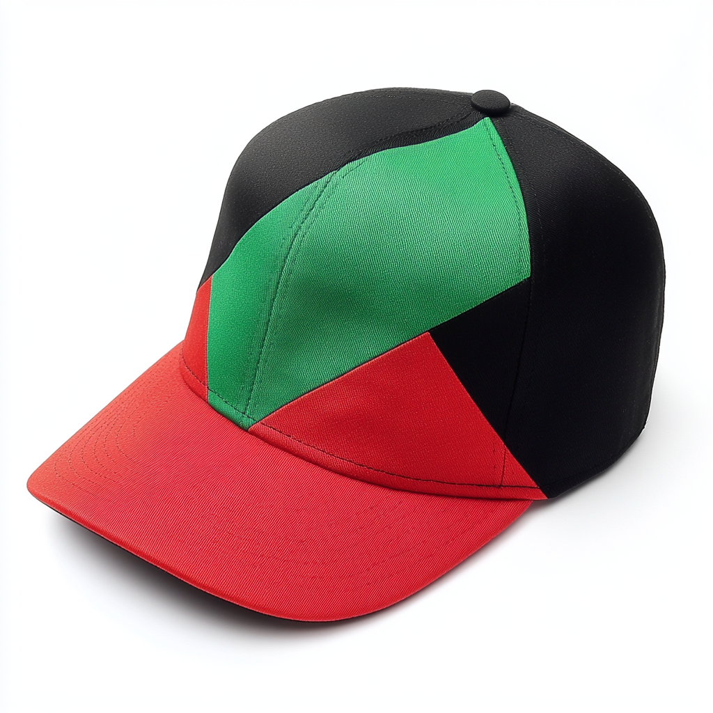 Baseball cap with red triangle, green, black design.